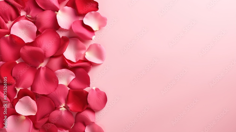 Top view red rose petals on a pink background. Valentine's day and international women's day background
