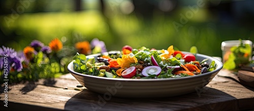 In the lush green garden surrounded by the vibrant colors of spring I appreciate the beauty of nature while enjoying a refreshing and healthy salad made with fresh farm to table ingredients 
