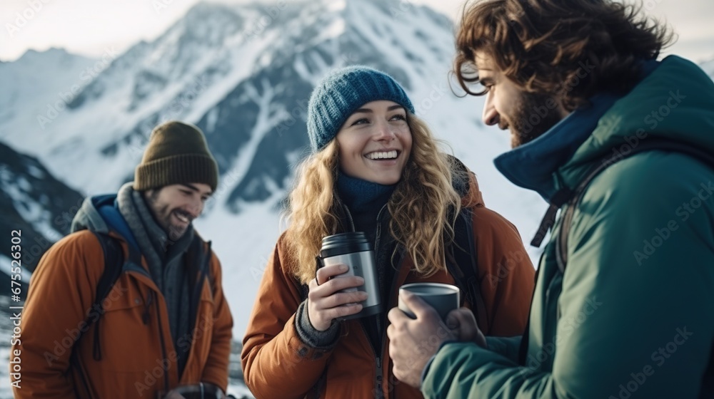 Fototapeta premium Break with a hot drink while hiking along a winter mountain route. Active happy people traveling in winter