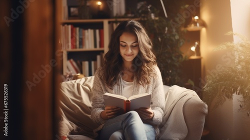 A young woman reads in a cozy home environment. Winter holiday time