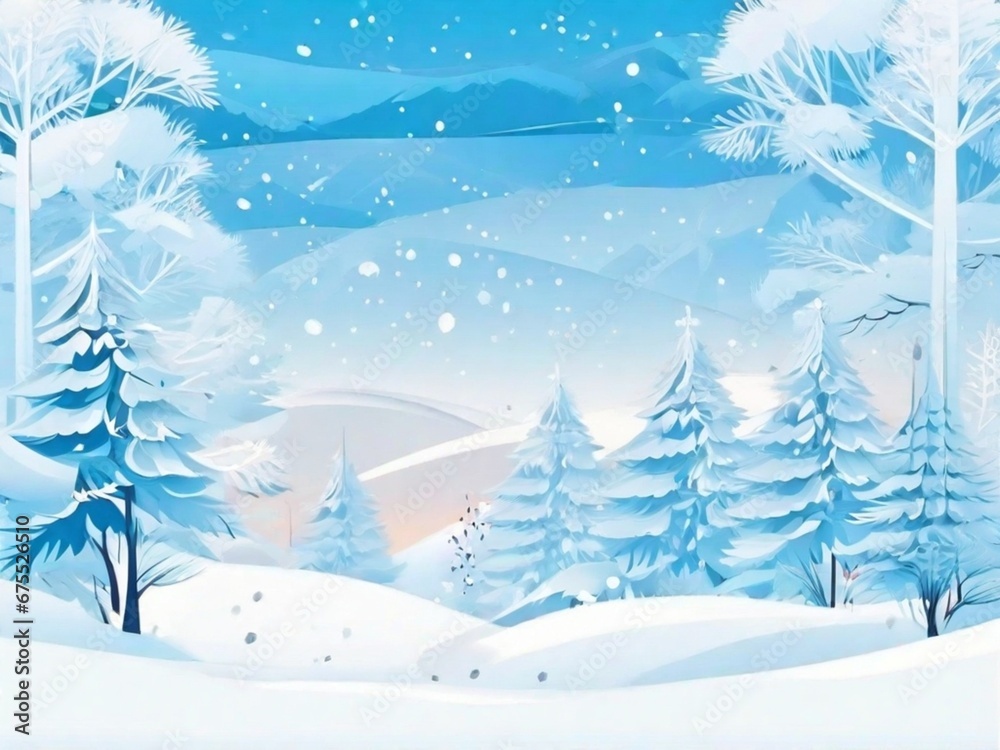 Obraz premium winter snowy forest scenery with mountain on horizon, snowflakes frame 