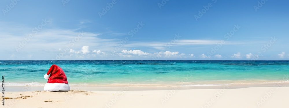 Santa hat on the sea beach. Christmas decoration, vacation, x-mas travel design background, Happy New Year, holiday,vacation, winter season, space for text Santa hat on the sea beach. Christmas decoration, vacation, x-mas travel design background, Happy New Year, holiday,vacation, winter season, space for text