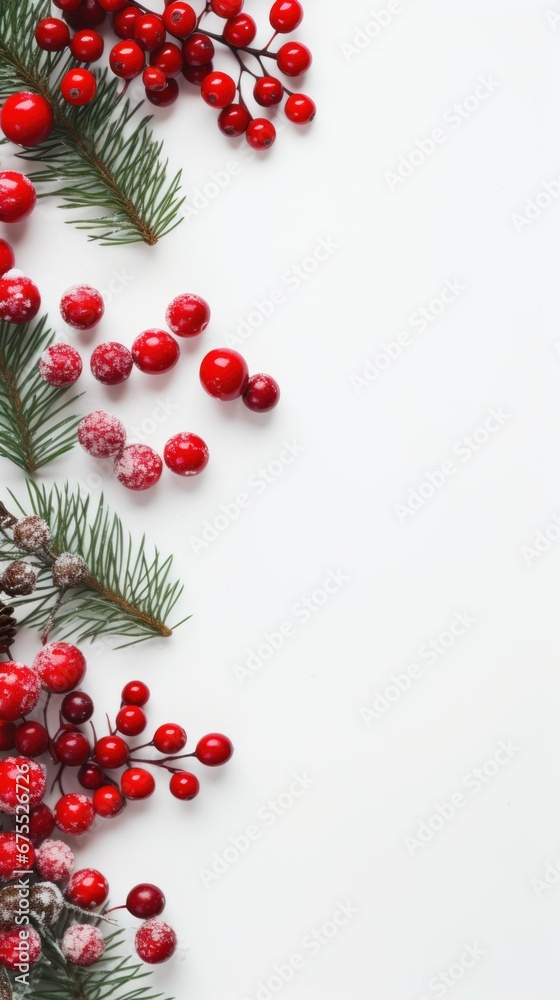 vertical  New Year's layout on a white background with space for text with Christmas tree branches and Christmas berries. christmas and new year concept