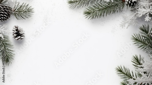 banner New Year's layout on a white background with space for text with Christmas tree branches and pine cones in frost. christmas and new year concept
