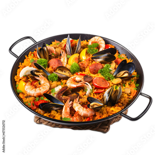 Paella in a large pan isolated on transparent or white background, png