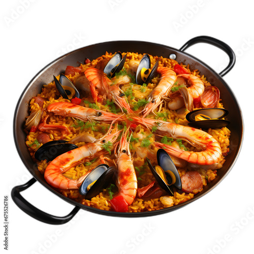 Paella in a large pan isolated on transparent or white background, png