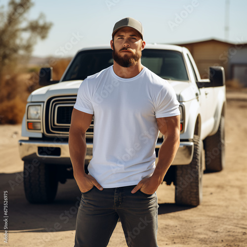 Lifestyle style photo of a male Model, full - body photo, ford f250 next to him, model is wearing an oversized white T-shirt crewneck and denim