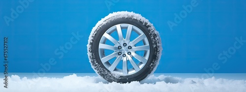 Brand new winter car tires showcased against a snowy blue backdrop, winter tires ready for winter with snow and all difficult weather conditions photo