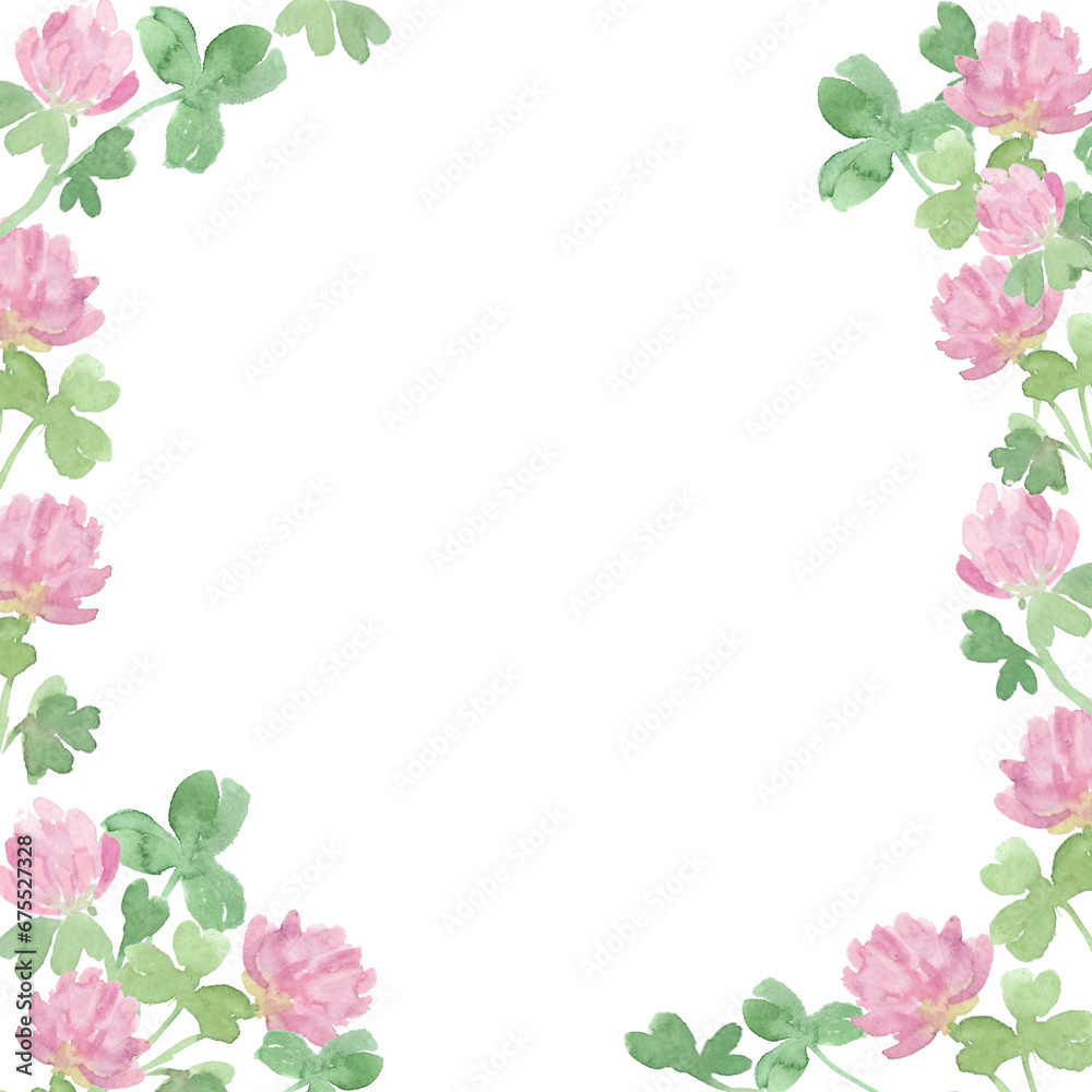 Watercolor botanical frame with clover flowers. Romantic background. Three-leafed, Red clover. Symbol of good luck. Design for wedding invitations, save the date cards, postcards