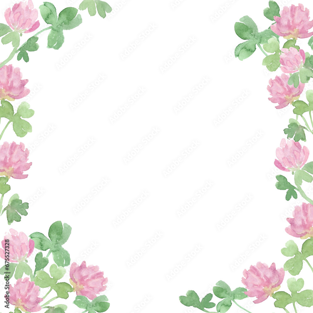 Watercolor botanical frame with clover flowers. Romantic background. Three-leafed, Red clover. Symbol of good luck. Design for wedding invitations, save the date cards, postcards Watercolor botanical frame with clover flowers. Romantic background. Three-leafed, Red clover. Symbol of good luck. Design for wedding invitations, save the date cards, postcards