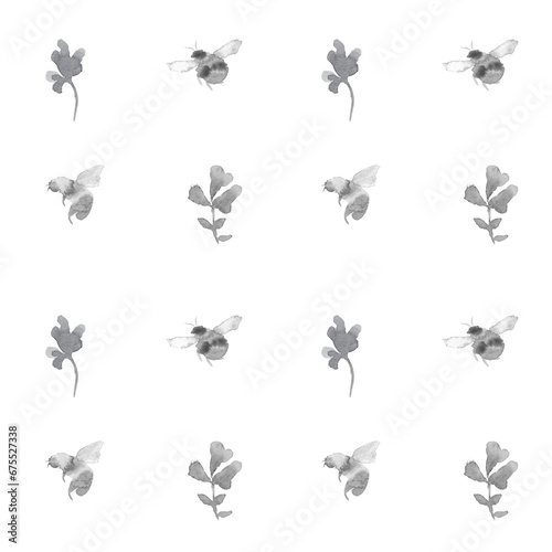 Watercolor seamless pattern with Bees in black design isolated on white background. Insects pattern, black and white backdrop. Design for honey industry, packaging, banner, textile © Daria
