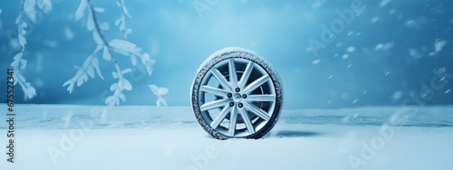 Brand new winter car tires showcased against a snowy blue backdrop, winter tires ready for winter with snow and all difficult weather conditions