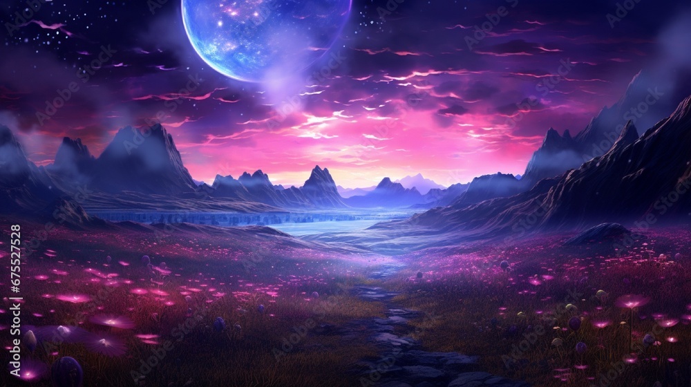A surreal meadow of neon violets, stretching as far as the eye can see, with a surreal, alien moonrise in the distance.