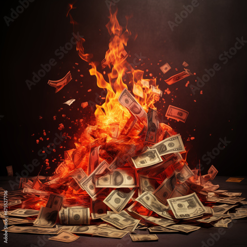 Burning pile of money depicting the concept of inflation