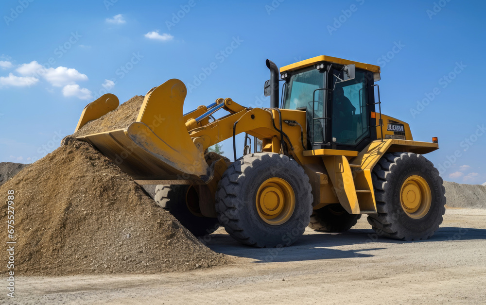 A large yellow wheel loader is loading a pile of gravel A large yellow wheel loader is loading a pile of gravel