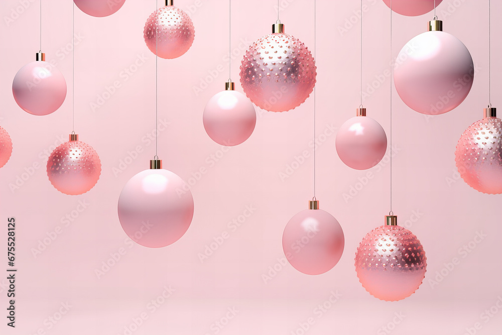pink ornaments hanging on strings on a pastel pink background, Christmas card pink ornaments hanging on strings on a pastel pink background, Christmas card