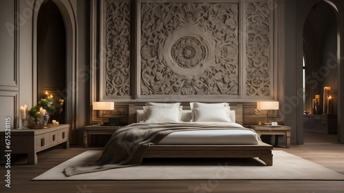 Bellissima camera da letto con arredamento minimalistico, con colori tenui ed eleganti e decorazione sul muro photo