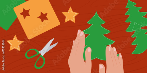 Christmas crafts. DIY Christmas decoration, make paper or fabric Christmas tree. Vector illustration.