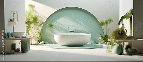 The white and green color scheme combined with a stunning water feature in the bathroom creates a refreshing and peaceful ambiance that embodies the beauty of both nature and interior desig