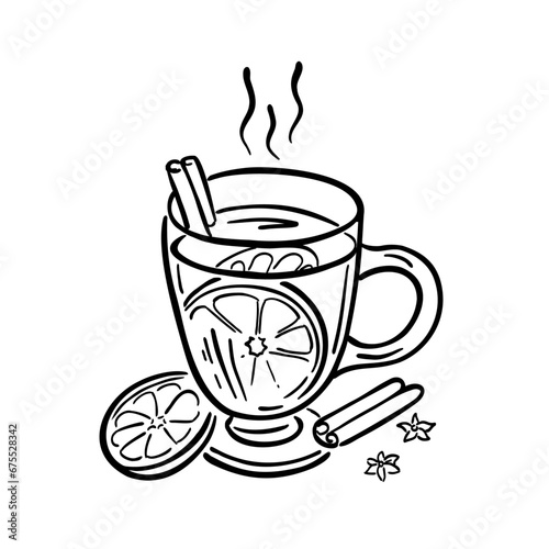 Mulled wine in a glass glass with orange and cinnamon stick. Winter warming drink. Vector illustration in engraving style.