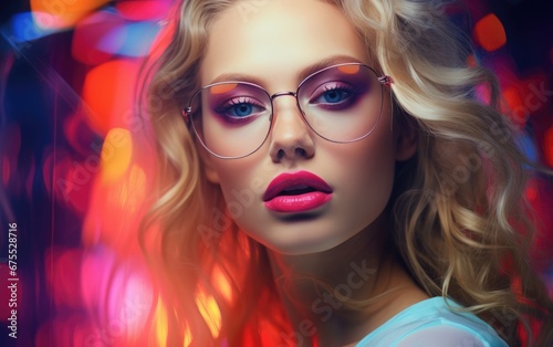 A beautiful woman is wearing glasses and a colorful shirt with bright lipstick