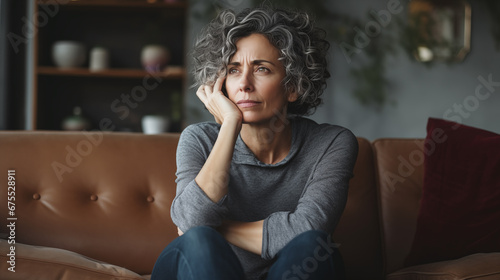 middle aged woman sitting on sofa photo