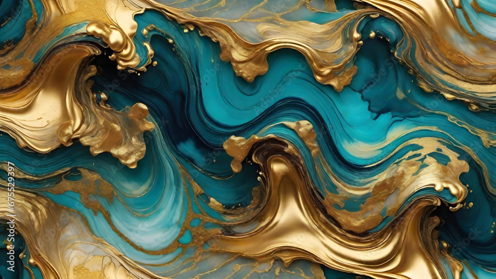 Seamless abstract alcohol ink waves with gold and green texture