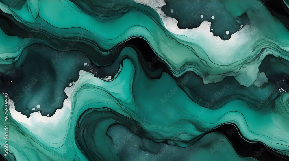 Seamless abstract alcohol ink waves with green texture veins background