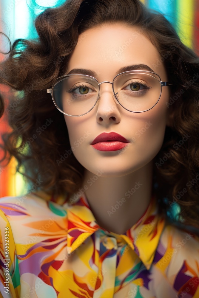 A beautiful woman is wearing glasses and a colorful shirt with bright lipstick A beautiful woman is wearing glasses and a colorful shirt with bright lipstick