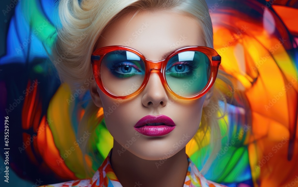 A beautiful woman is wearing glasses and a colorful shirt with bright lipstick A beautiful woman is wearing glasses and a colorful shirt with bright lipstick