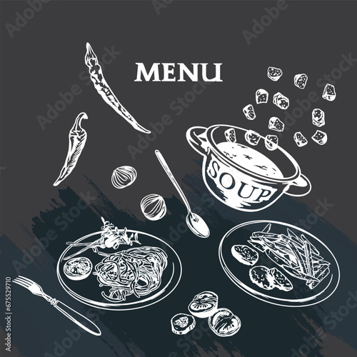 Soup, spaghetti, fries, dishes on a black background. Vector illustration. Design element for menus of cafes, restaurants, themed banners.