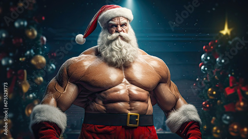Older strong bodybuilder at Santa Claus costume as super Christmas hero. Postproducted generative AI illustration. © LeArchitecto