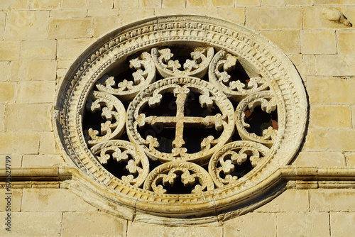Round ornament on the top of the Church of the Assumption of Mary in Pag town in Croatia