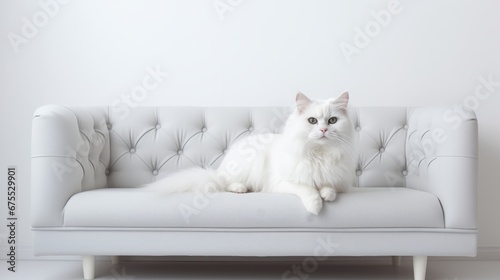 white cat lies on the sofa.