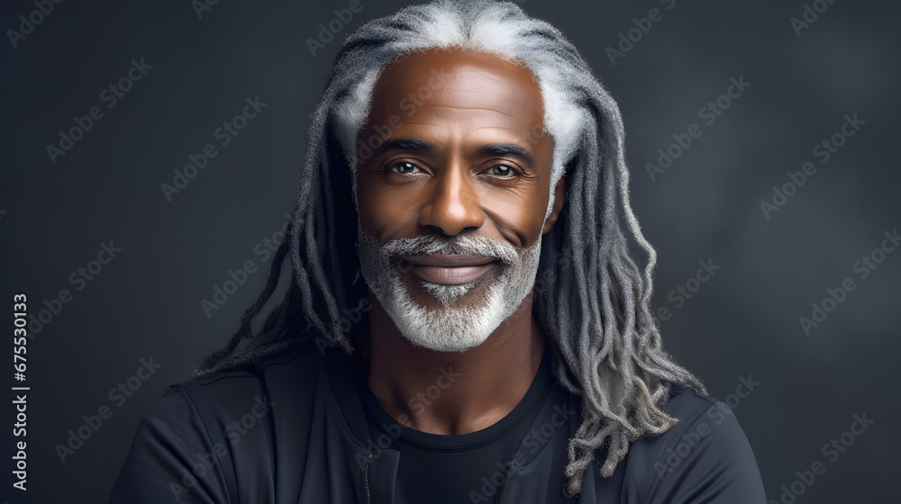Beautiful black man with smooth healthy face skin. Gorgeous aging mature man with long gray hair and happy smiling. Beauty and cosmetics skincare advertising concept Beautiful black man with smooth healthy face skin. Gorgeous aging mature man with long gray hair and happy smiling. Beauty and cosmetics skincare advertising concept