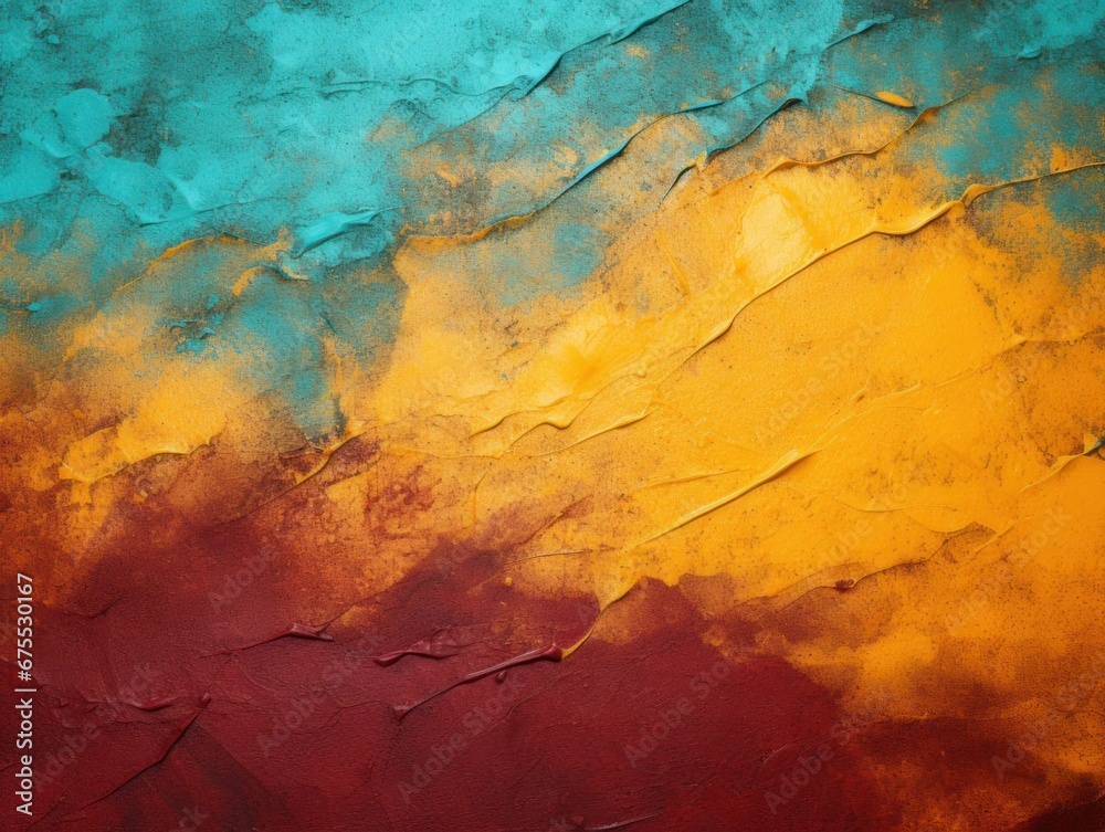 Fototapeta premium Textured background abstraction. Painted wall. Vibrant colors design. Maroon, mustard and turquoise colors.