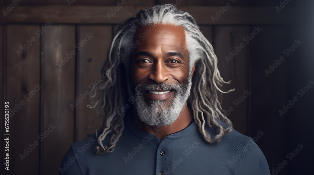 Beautiful black man with smooth healthy face skin. Gorgeous aging mature man with long gray hair and happy smiling. Beauty and cosmetics skincare advertising concept Beautiful black man with smooth healthy face skin. Gorgeous aging mature man with long gray hair and happy smiling. Beauty and cosmetics skincare advertising concept