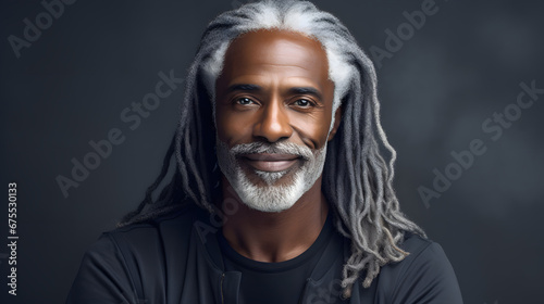 Beautiful black man with smooth healthy face skin. Gorgeous aging mature man with long gray hair and happy smiling. Beauty and cosmetics skincare advertising concept