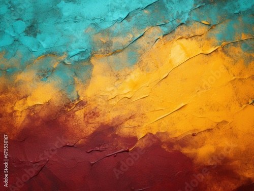 Textured background abstraction. Painted wall. Vibrant colors design. Maroon, mustard and turquoise colors.