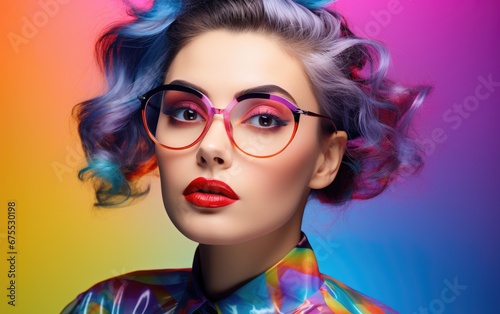 A beautiful woman is wearing glasses and a colorful shirt with bright lipstick