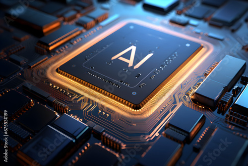 Artificial Intelligence AI. Microchip with the letters AI on it as part of a motherboard