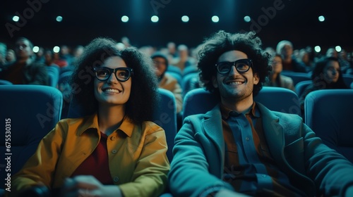 people sit in the cinema hall wearing glasses. clothes, glasses and seats are blue. front view