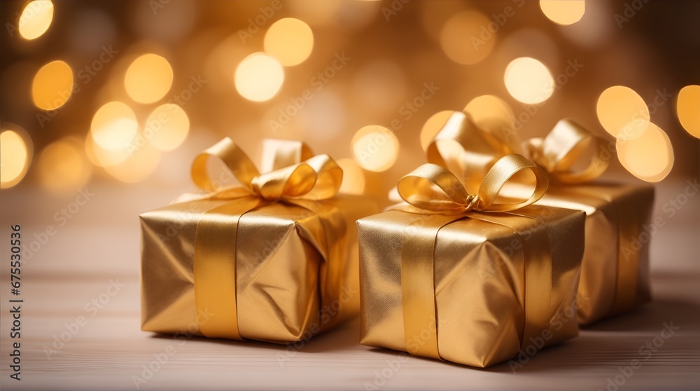 Golden wrapped presents are arranged neatly on a table, creating a festive scene illuminated by a blurred background of twinkling Christmas lights. Golden wrapped presents are arranged neatly on a table, creating a festive scene illuminated by a blurred background of twinkling Christmas lights.