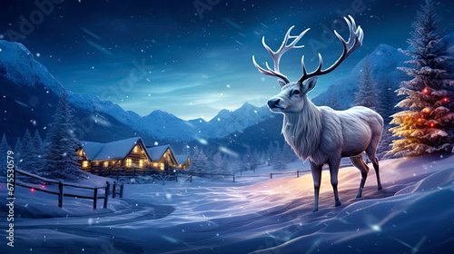 A majestic reindeer walking in a snowy landscape near small village. Postproducted generative AI illustration.