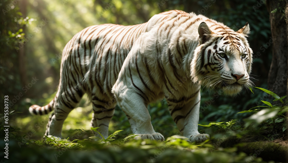 Obraz premium An image of a regal and elegant white tiger prowling in the jungle - AI Generative