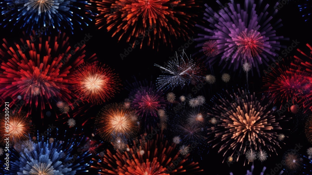 a bunch of fireworks are lit up in the night sky with red, white, and blue fireworks on them.  generative ai