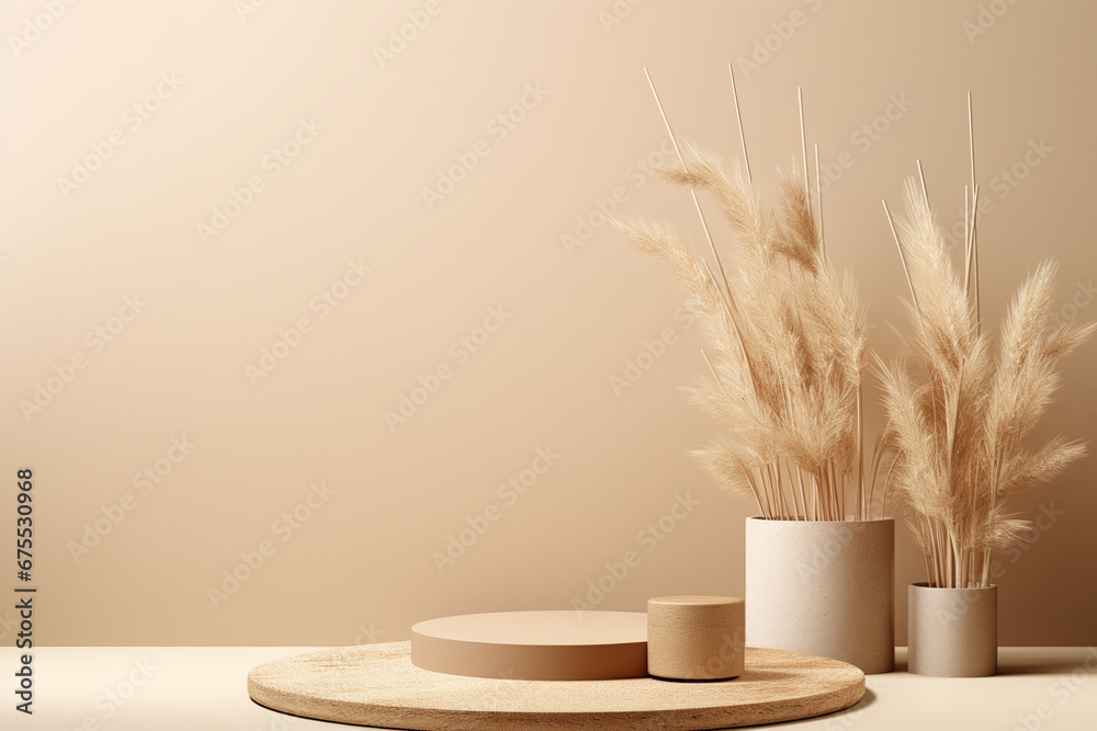 Abstract wooden podium and product pedestal, beige natural materials