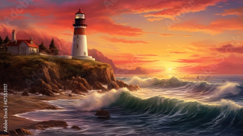  a painting of a lighthouse in the middle of a body of water with a red and white sky in the background. generative ai