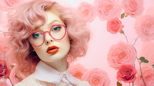 Beautiful, abstract, female portrait with glasses and flowers. Soft pink background.