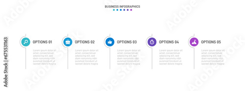 Timeline infographic with infochart. Modern presentation template with 5 spets for business process. Website template on white background for concept modern design. Horizontal layout.